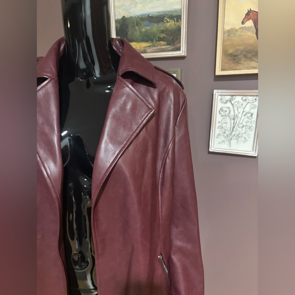 NWT-Bagatelle Open Front Faux Leather Trench Coat - Medium - Zinfandal - Picture 7 of 11